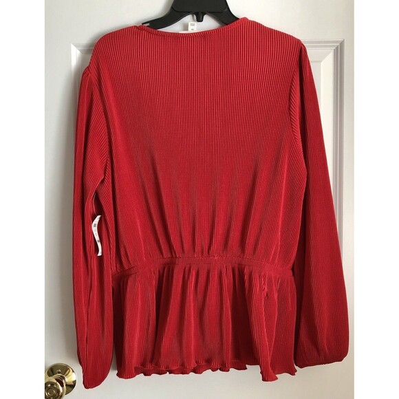 ON 34TH WOMEN'S TOP RED STRIPE WRAP, ELASTIC WAIST LONG SLEEVE PULLOVER, PEPLUM - Picture 4 of 7